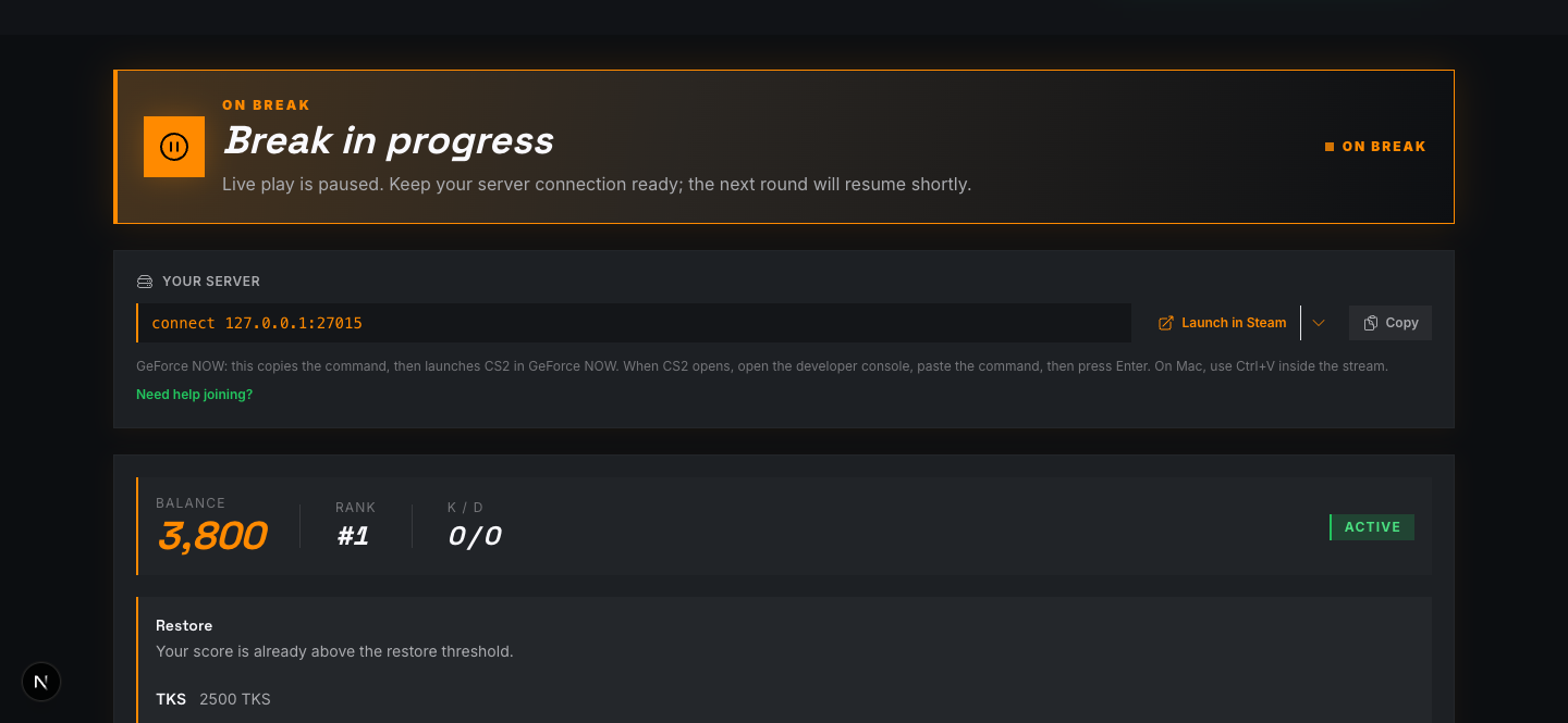 Desktop live page showing the server card, balance, rank, and restore controls